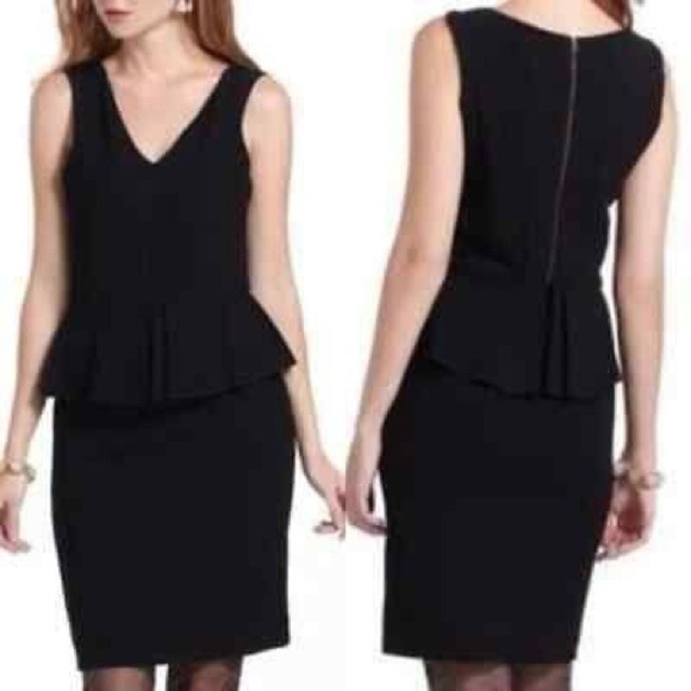 Ganni Dress Miss Marple S Black Peplum V-Neck Sleeveless Crepe LBD Anthropologie